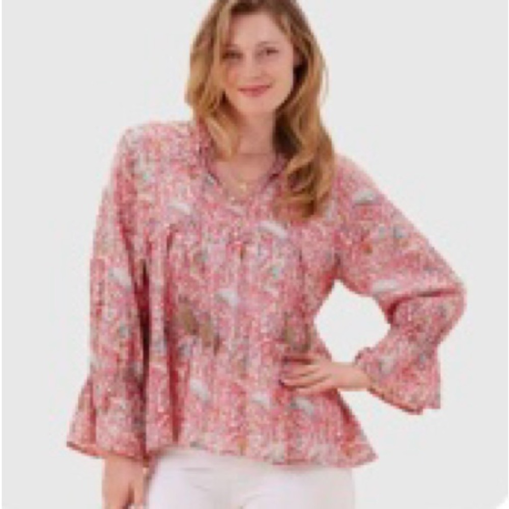 Floral Pink Women's Top with ruffle sleeves and tassel tie detail